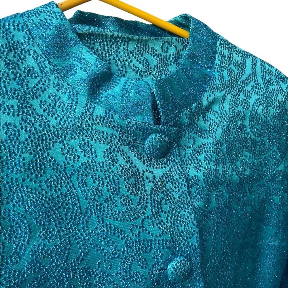 Vintage Blue Turquoise Metallic Dress Suit Set with Blazer Size Medium